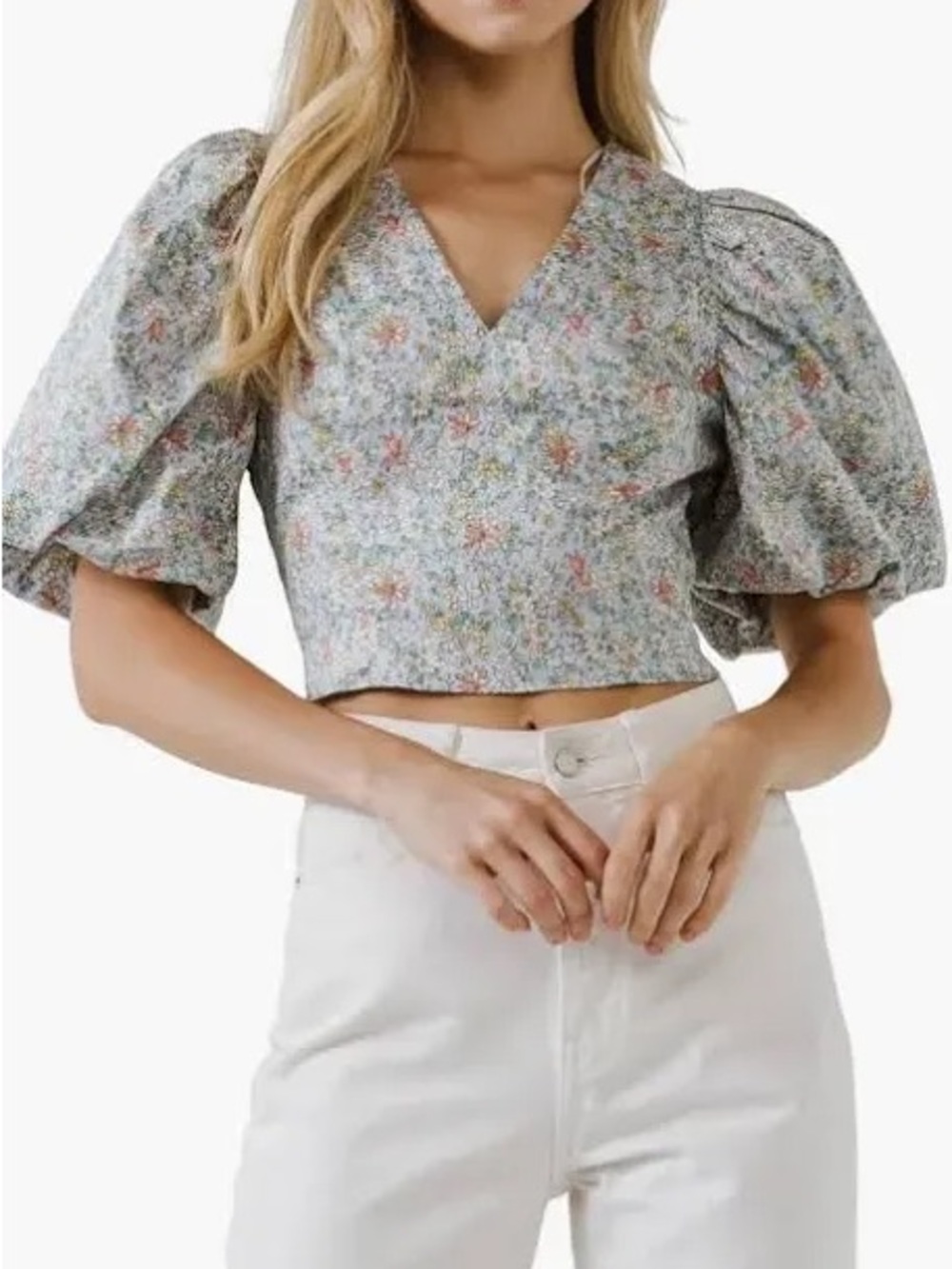 Endless Rose Pastel Floral Puff-Sleeve V-Neck Top NWT